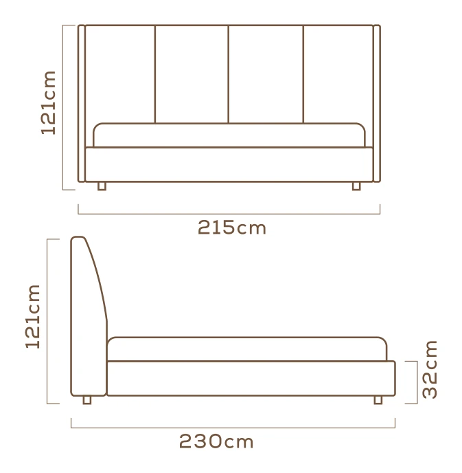 Desenho técnico com medidas da Cama Niki, tamanho king