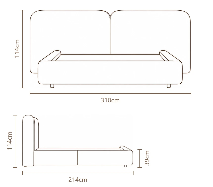 Desenho técnico com medidas da Cama Lunare, tamanho king
