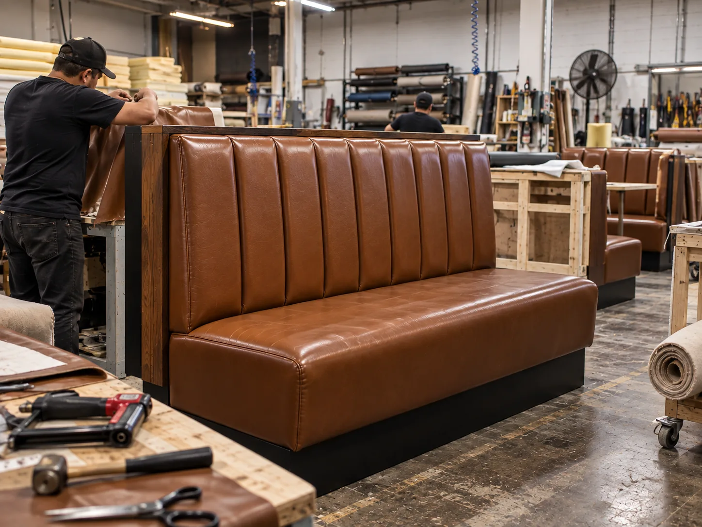 Channel-back commercial booth being upholstered in a workshop, with more booths in production behind