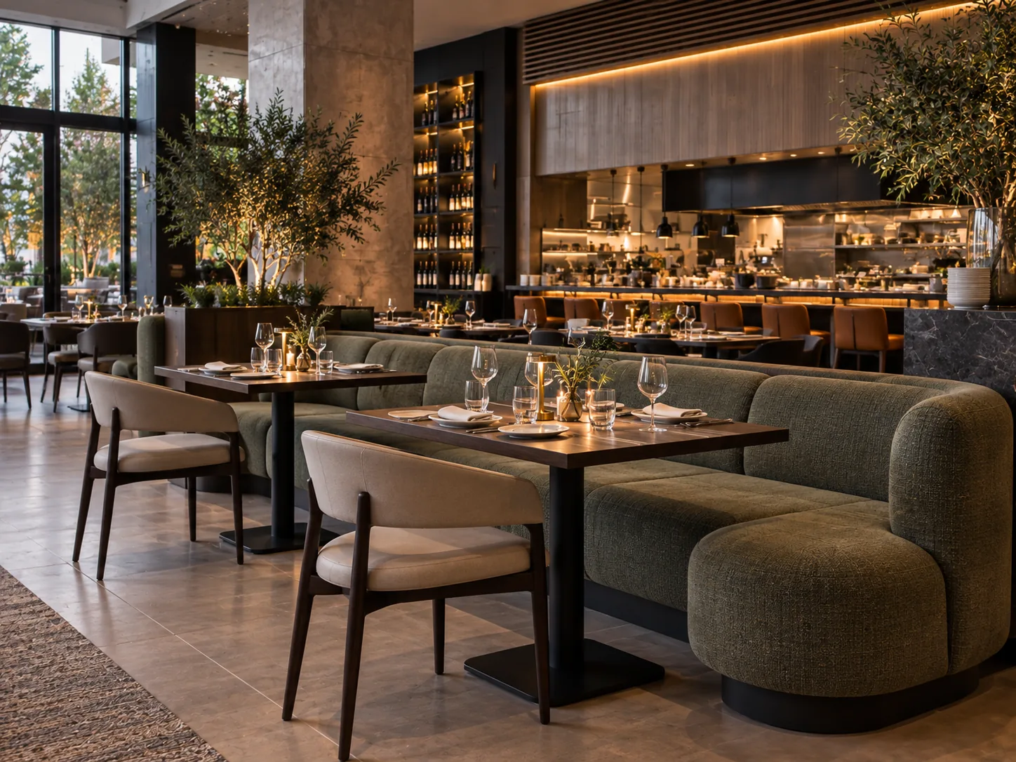 Olive green banquette run with a curved end serving two dining tables in a restaurant