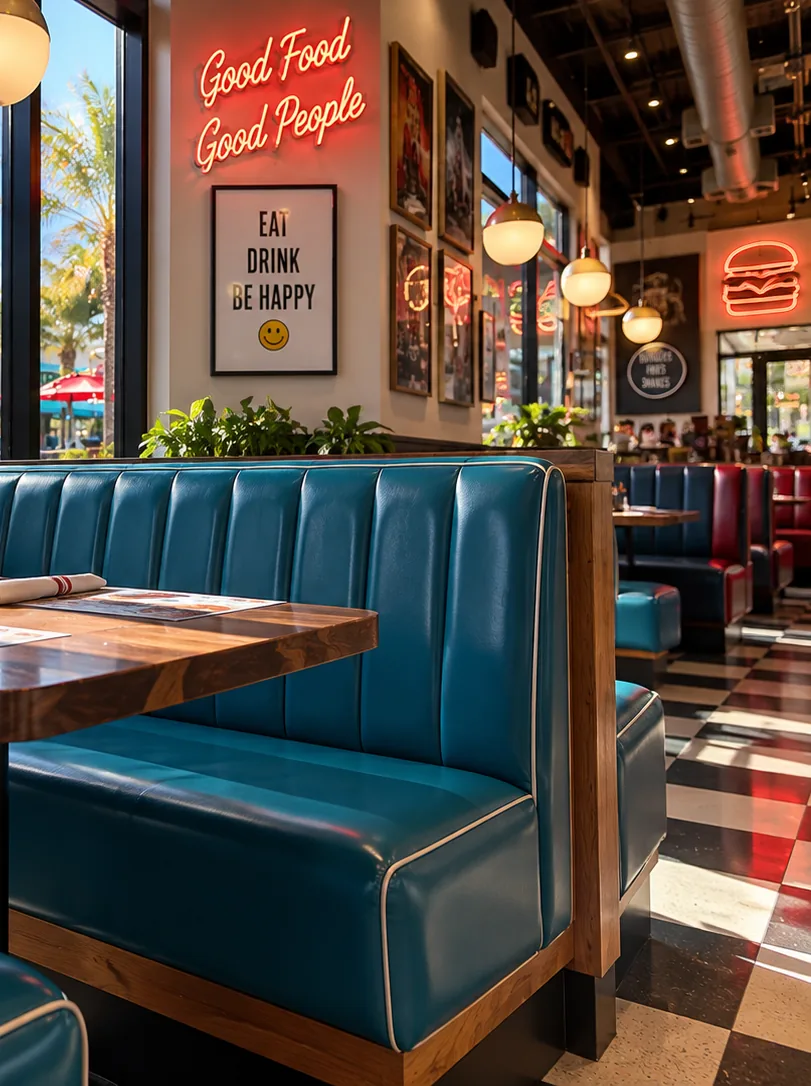 Teal vinyl booth with white piping and a wood cap in a casual diner