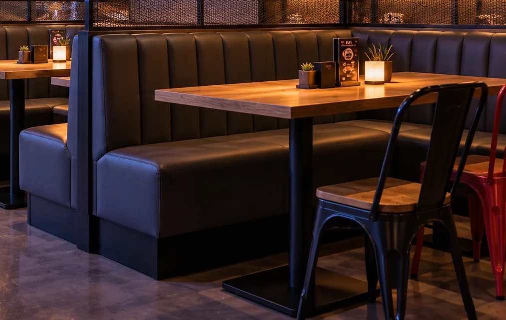 Dark vinyl channel-back booths with wood tables in a gaming café