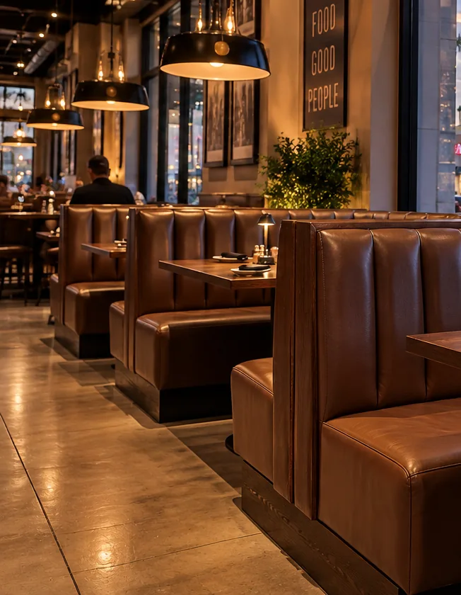 Row of brown channel-back booths with back-to-back seating and wood tables