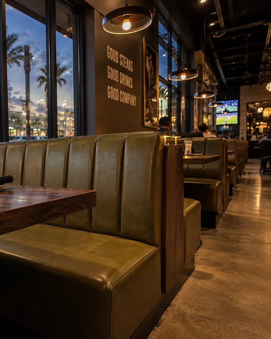 Olive green channel-back restaurant booths in a row along a window wall